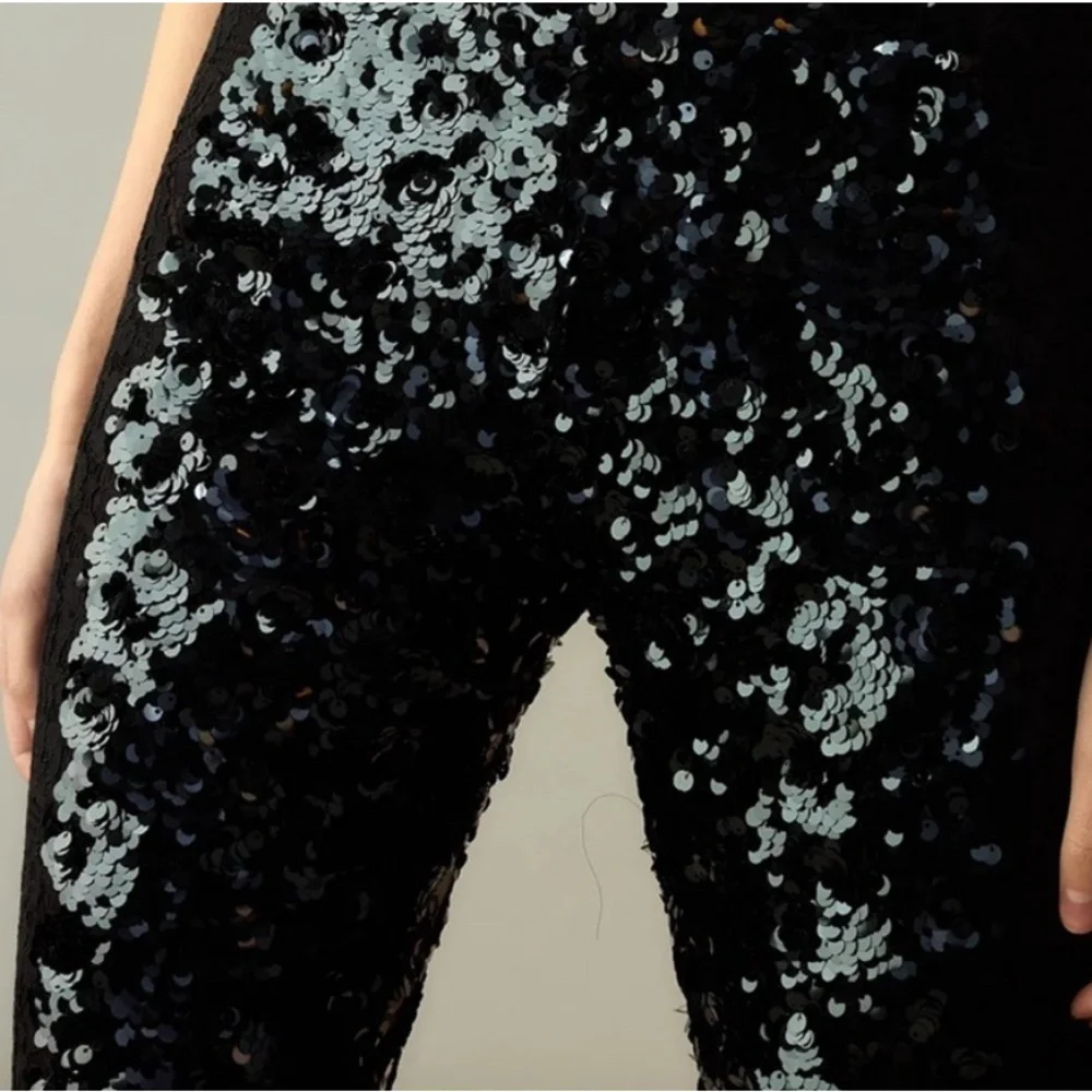 Cynthia Rowley Black Sequin & Lace Flared Leg Pants 4 - Picture 4 of 13